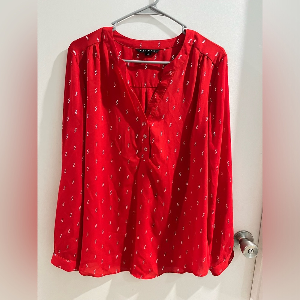 Zac & Rachel Red Printed V-Neck Peasant Blouse, size large